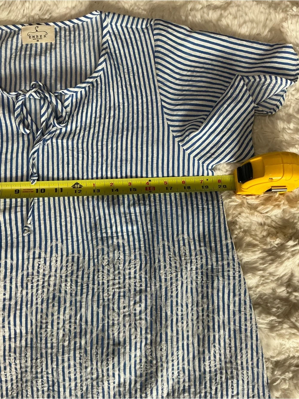 Blue Striped Tie-Neck Short Sleeve Tunic